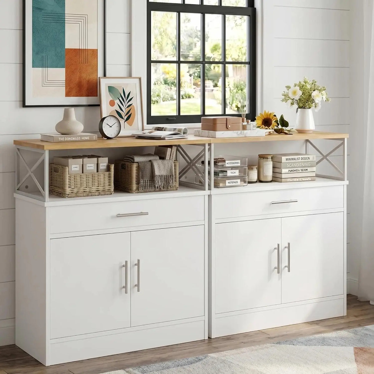 Modern Farmhouse Sideboard Buffet Cabinet With Drawers And Adjustable Shelf