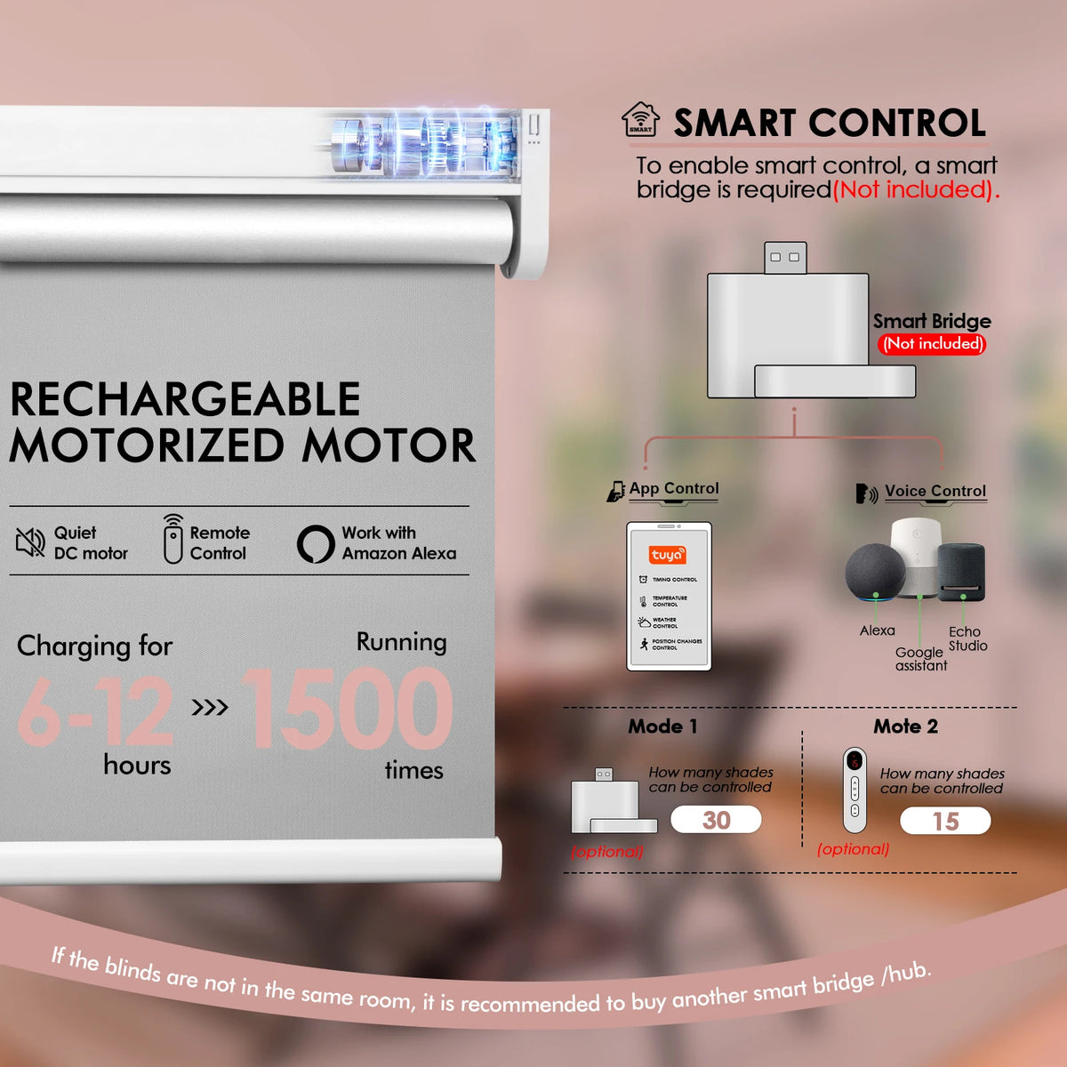 No Drill Smart Curtain Roller Blind With Remote Solar Powered