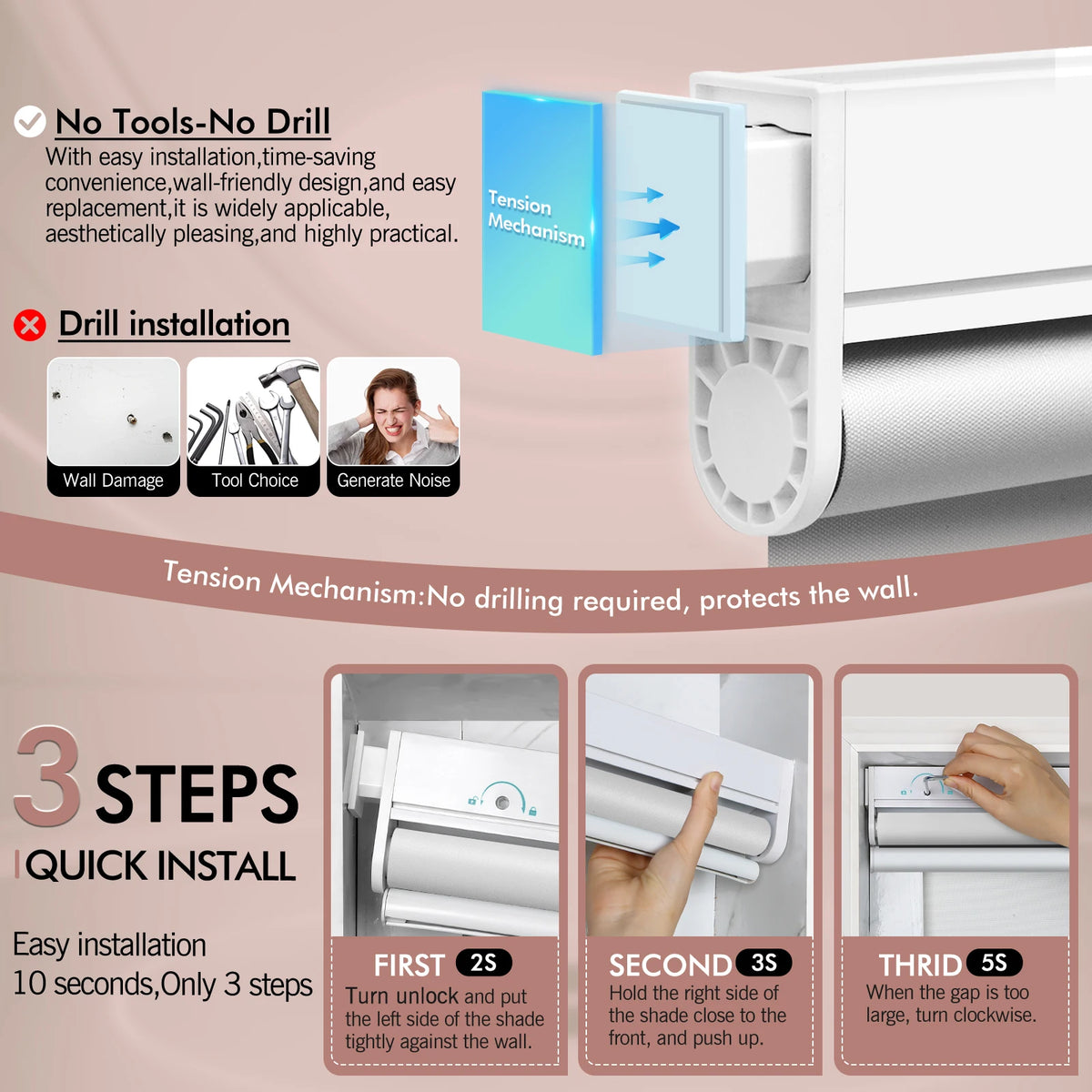 No Drill Smart Curtain Roller Blind With Remote Solar Powered