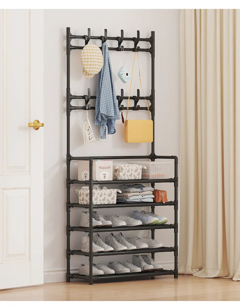 Metal Shoe Rack Organizer With Hooks for Entryway and Bedroom