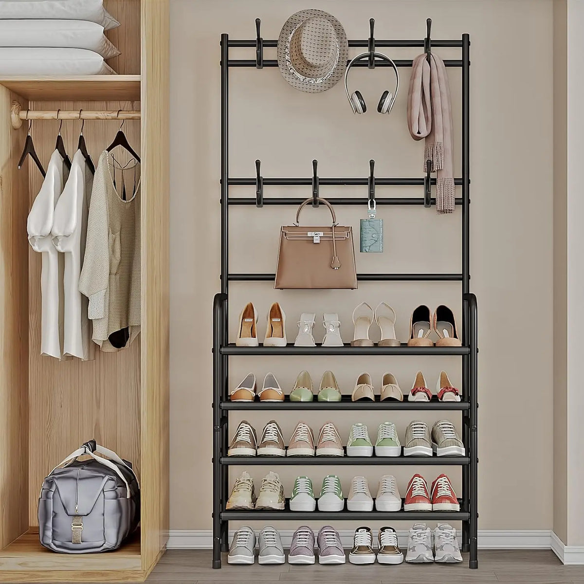 Metal Shoe Rack Organizer With Hooks for Entryway and Bedroom