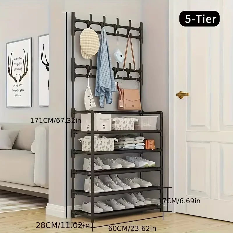 Metal Shoe Rack Organizer With Hooks for Entryway and Bedroom
