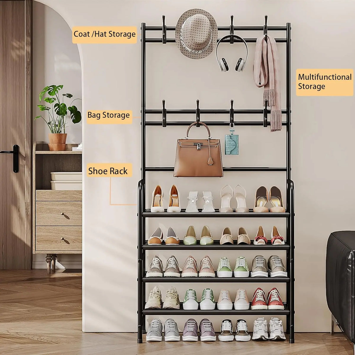 Metal Shoe Rack Organizer With Hooks for Entryway and Bedroom