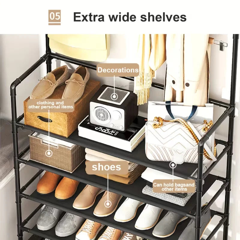 Metal Shoe Rack Organizer With Hooks for Entryway and Bedroom
