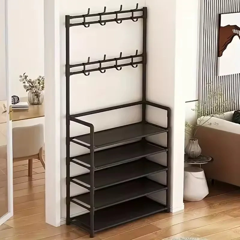 Metal Shoe Rack Organizer With Hooks for Entryway and Bedroom
