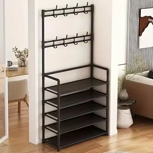 Metal Shoe Rack Organizer With Hooks for Entryway and Bedroom