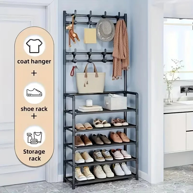 Metal Shoe Rack Organizer With Hooks for Entryway and Bedroom