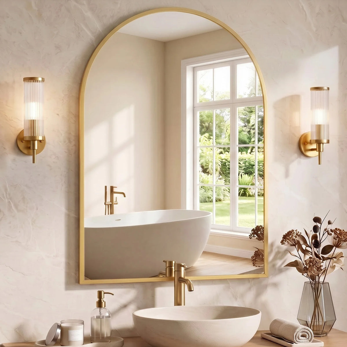 MCQ Arched Bathroom Mirror or Over Sink Wall Mounted Aluminum Alloy Frame Mirror Horizontal or Vertical Hanging Modern Wall Mount Vanity Mirror for Home