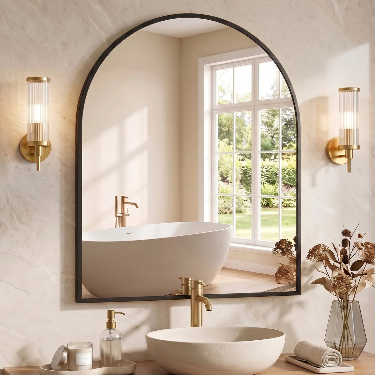 MCQ Arched Bathroom Mirror or Over Sink Wall Mounted Aluminum Alloy Frame Mirror Horizontal or Vertical Hanging Modern Wall Mount Vanity Mirror for Home