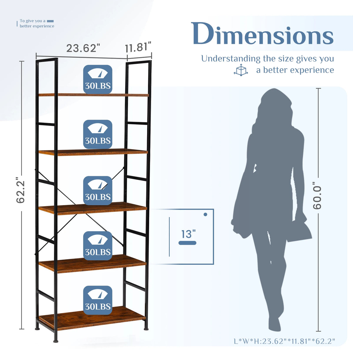 MCQ 5 Tiers Metal Classic Bookshelf Freestanding Tall Display Shelf Wooden Storage Tall Display Shelves Bookshelf Sturdy Structure Graduated Shelves Adjustable Feet for Home