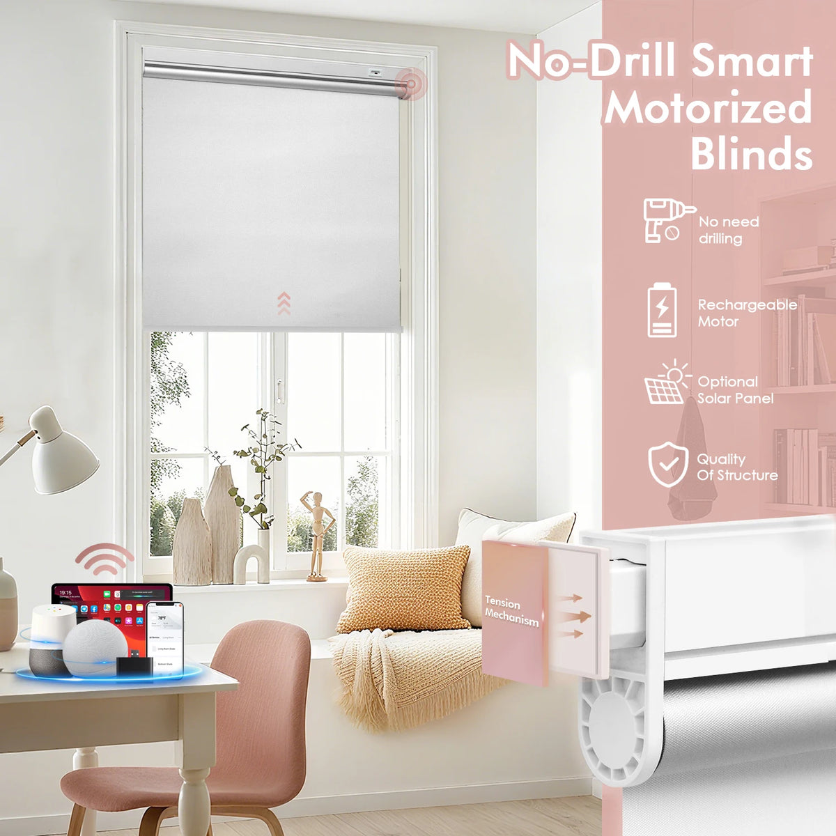 No Drill Smart Curtain Roller Blind With Remote Solar Powered