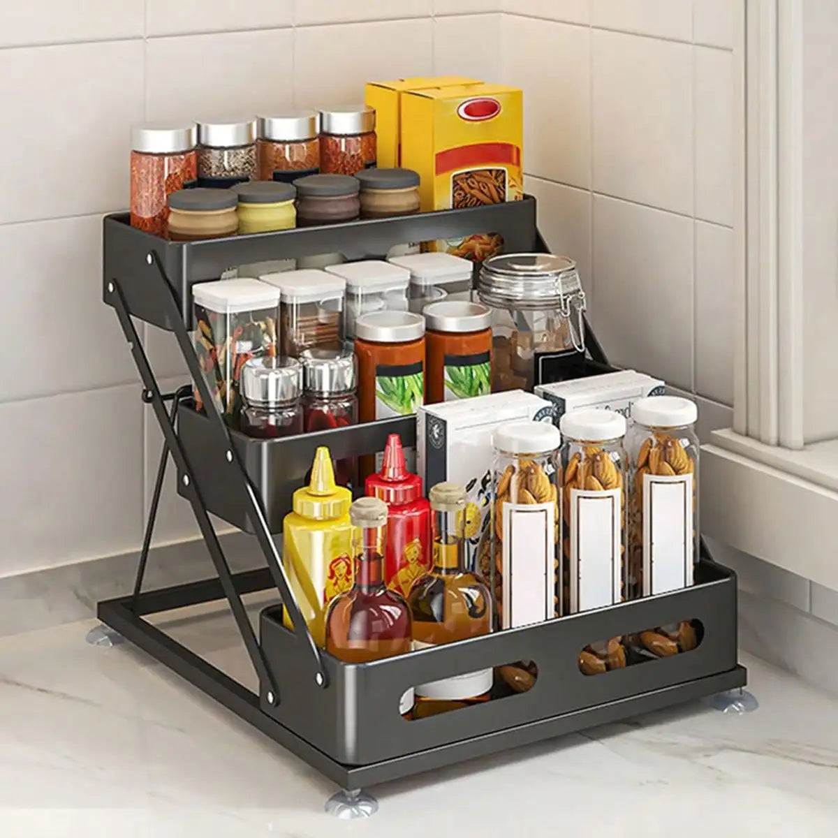 Foldable Metal Spice Rack Organizer With Protective Guardrails for Kitchen Storage
