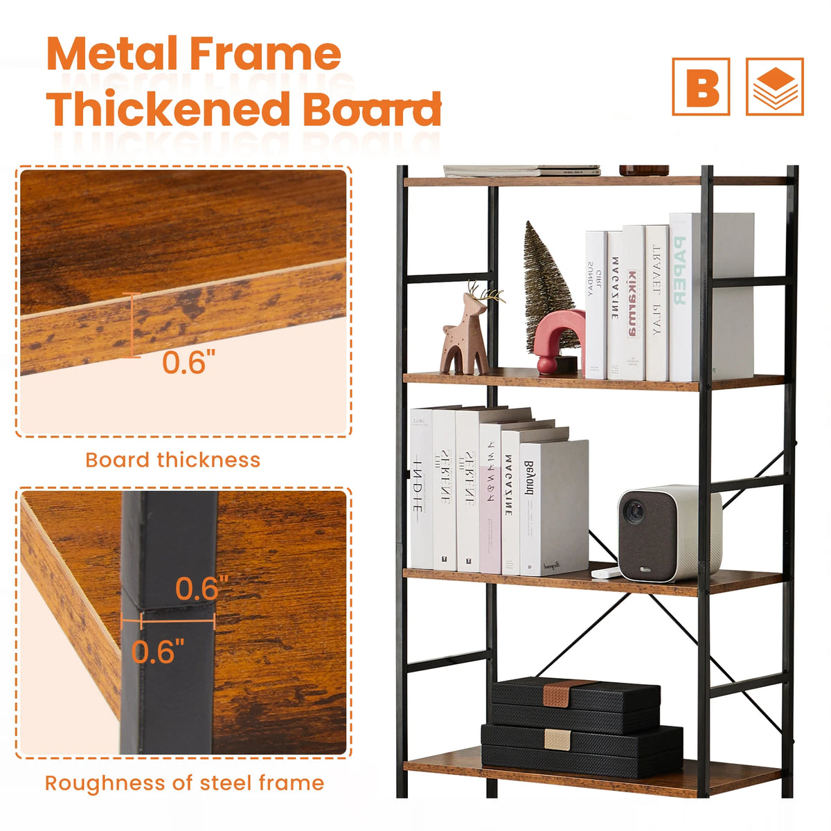 MCQ 5 Tiers Metal Classic Bookshelf Freestanding Tall Display Shelf Wooden Storage Tall Display Shelves Bookshelf Sturdy Structure Graduated Shelves Adjustable Feet for Home