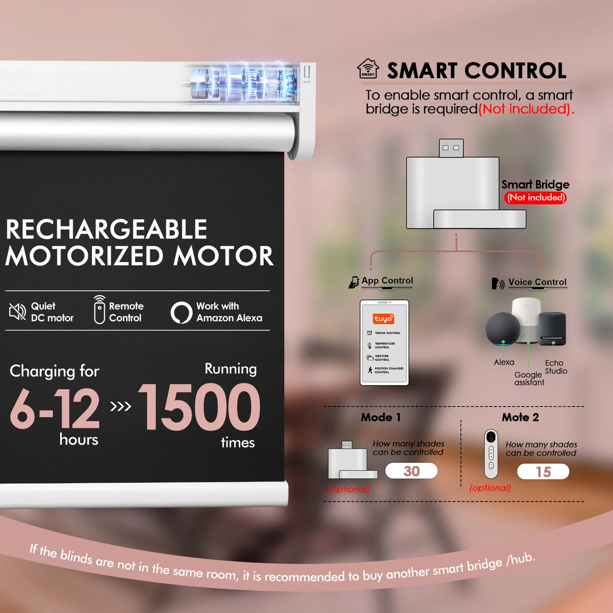 No Drill Smart Curtain Roller Blind With Remote Solar Powered