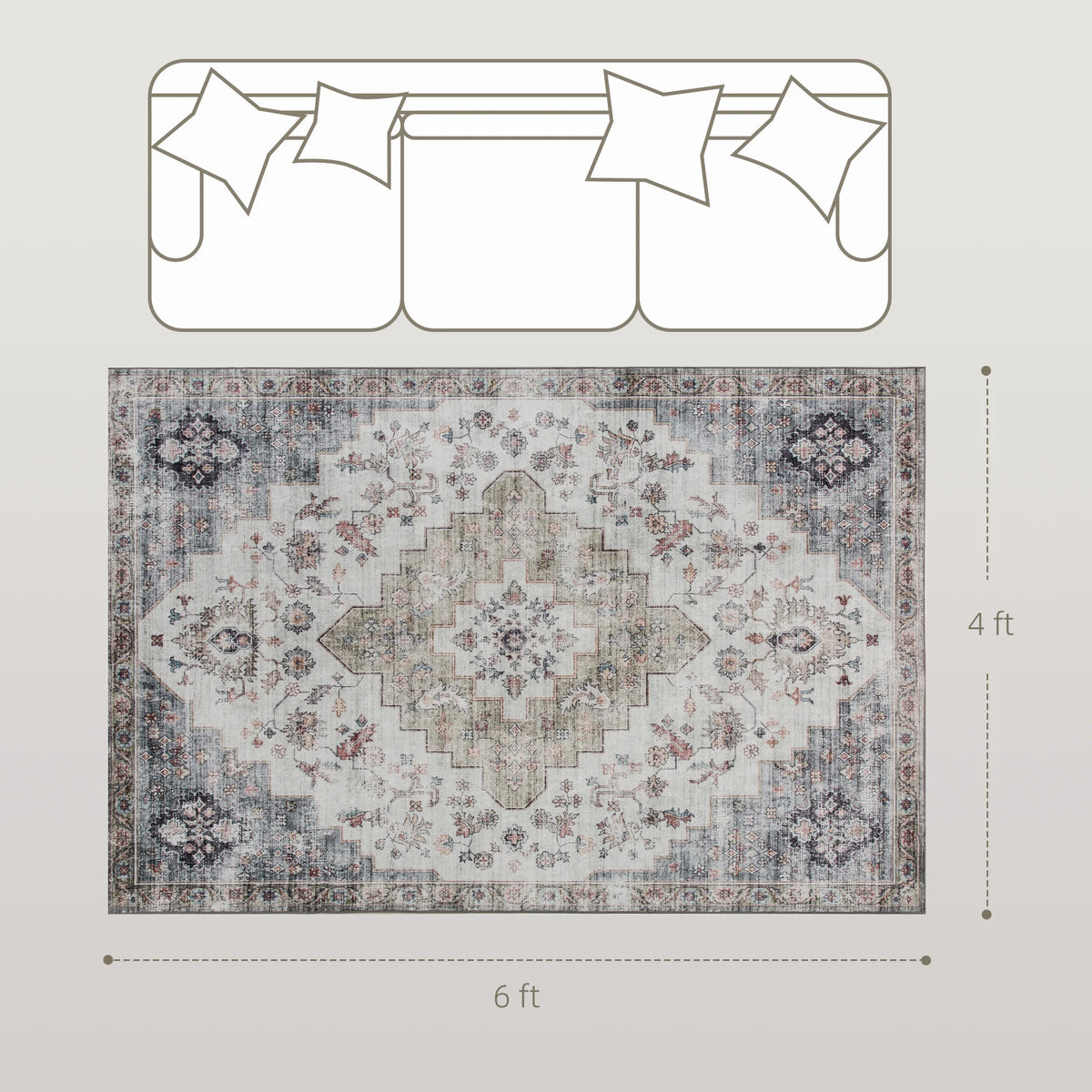 Machine Washable Area Rug, 4'x6' Vintage Oriental Medallion Distressed Rugs Soft Printed Floor Mat, Brown and Green