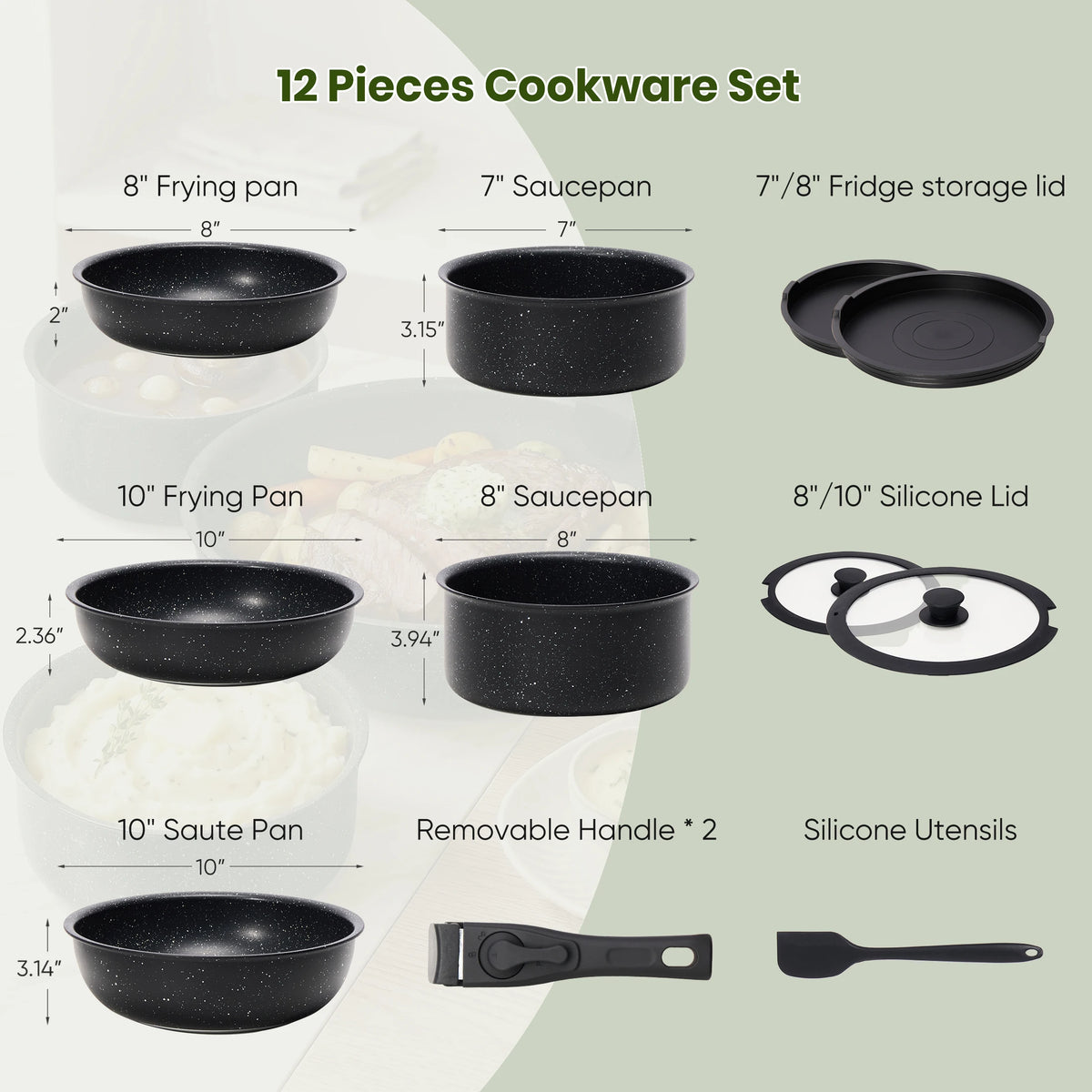 JHK PFAS Free Nonstick Cookware Set With Detachable Handles