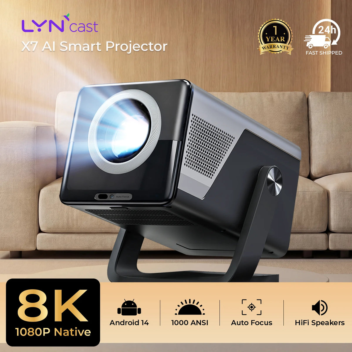 LynCast X7 Native 1080P Smart Projector With Auto Focus