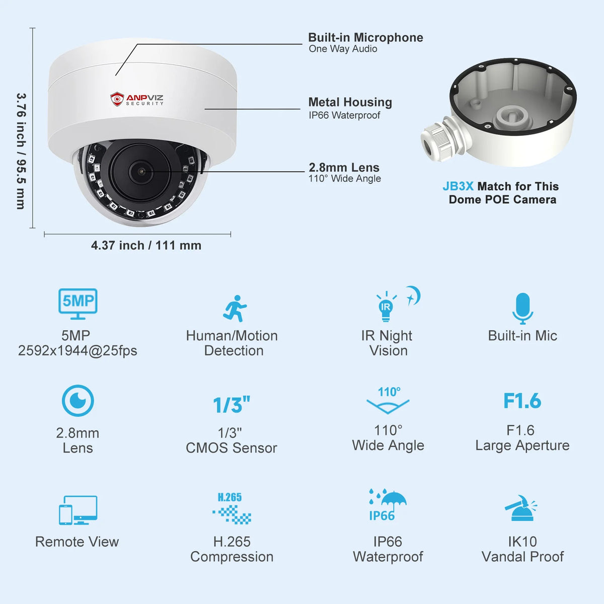 Anpviz 5MP PoE Outdoor Dome Security Camera With Microphone