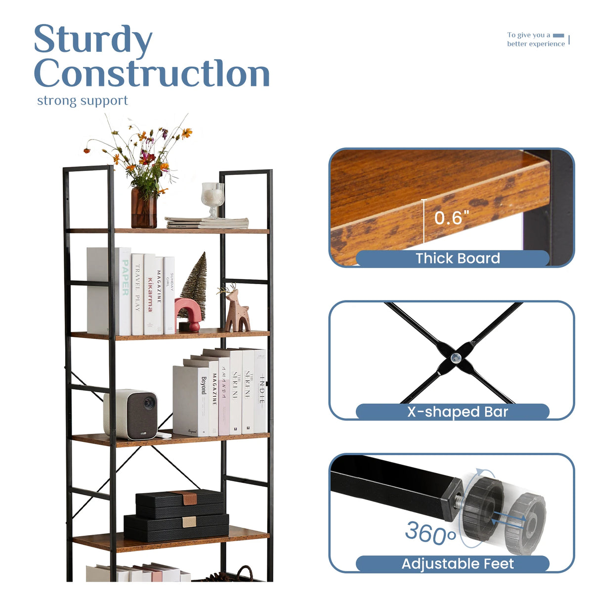 MCQ 5 Tiers Metal Classic Bookshelf Freestanding Tall Display Shelf Wooden Storage Tall Display Shelves Bookshelf Sturdy Structure Graduated Shelves Adjustable Feet for Home