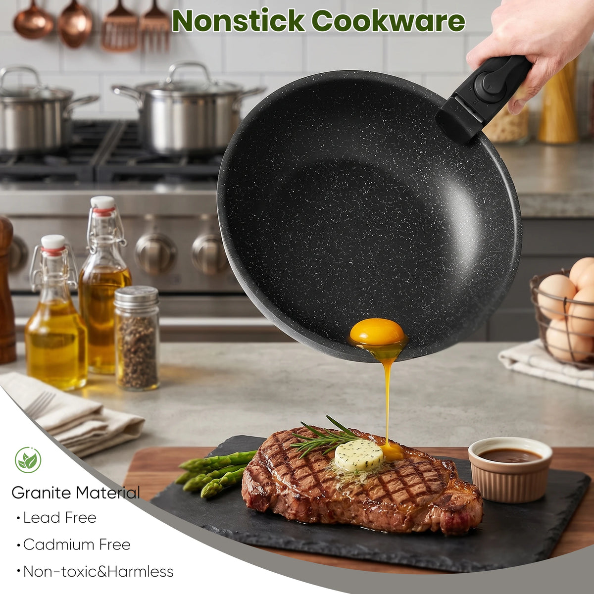 JHK PFAS Free Nonstick Cookware Set With Detachable Handles