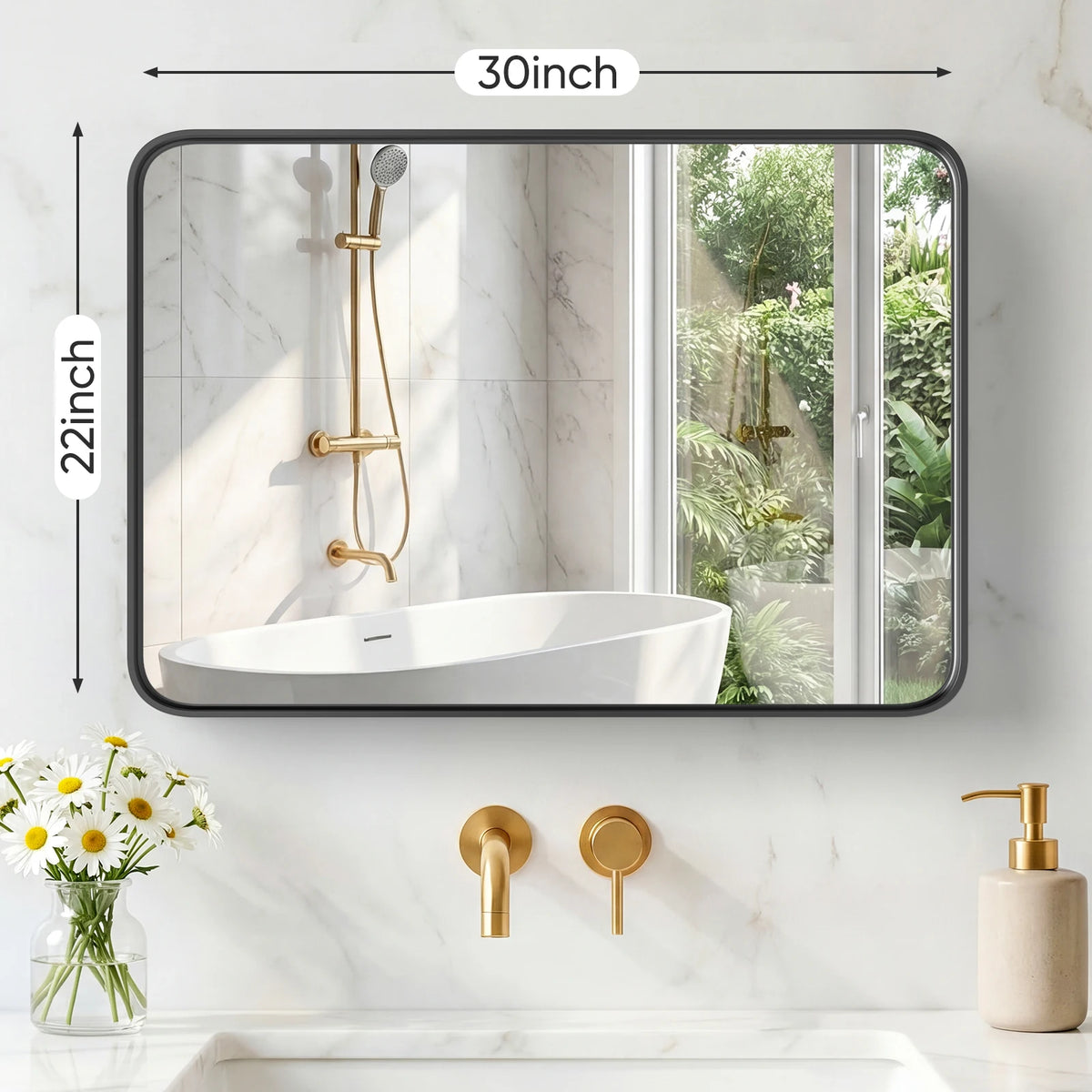 JHK 30x22 Inch Matte Metal Framed Bathroom Mirror for Wall  Rounded Rectangle with Matte Brush Metal Framed Modern Wall Mount Vanity Mirror for Home Living Room