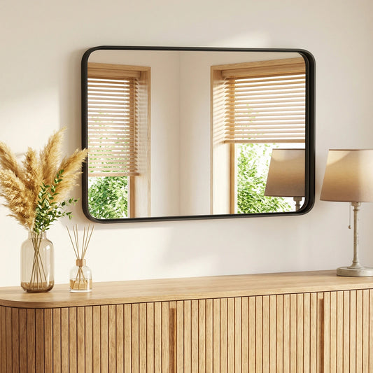 JHK 30x22 Inch Matte Metal Framed Bathroom Mirror for Wall  Rounded Rectangle with Matte Brush Metal Framed Modern Wall Mount Vanity Mirror for Home Living Room