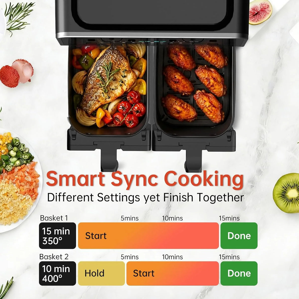 Deli Dual Basket Ceramic Air Fryer With Digital Smart Finish