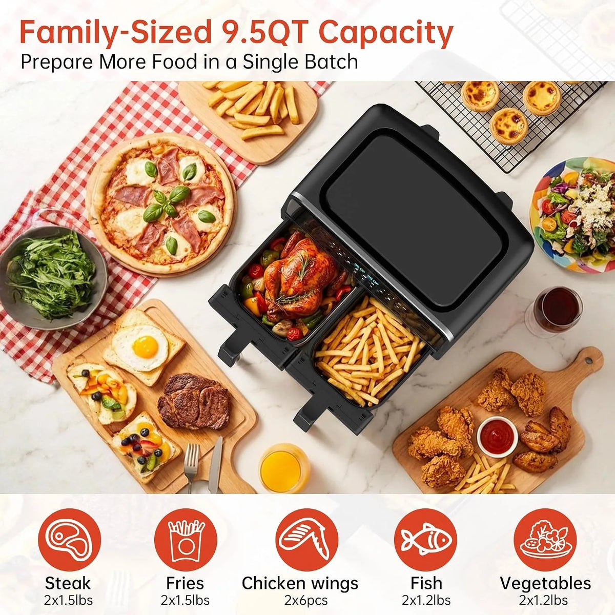 Deli Dual Basket Ceramic Air Fryer With Digital Smart Finish