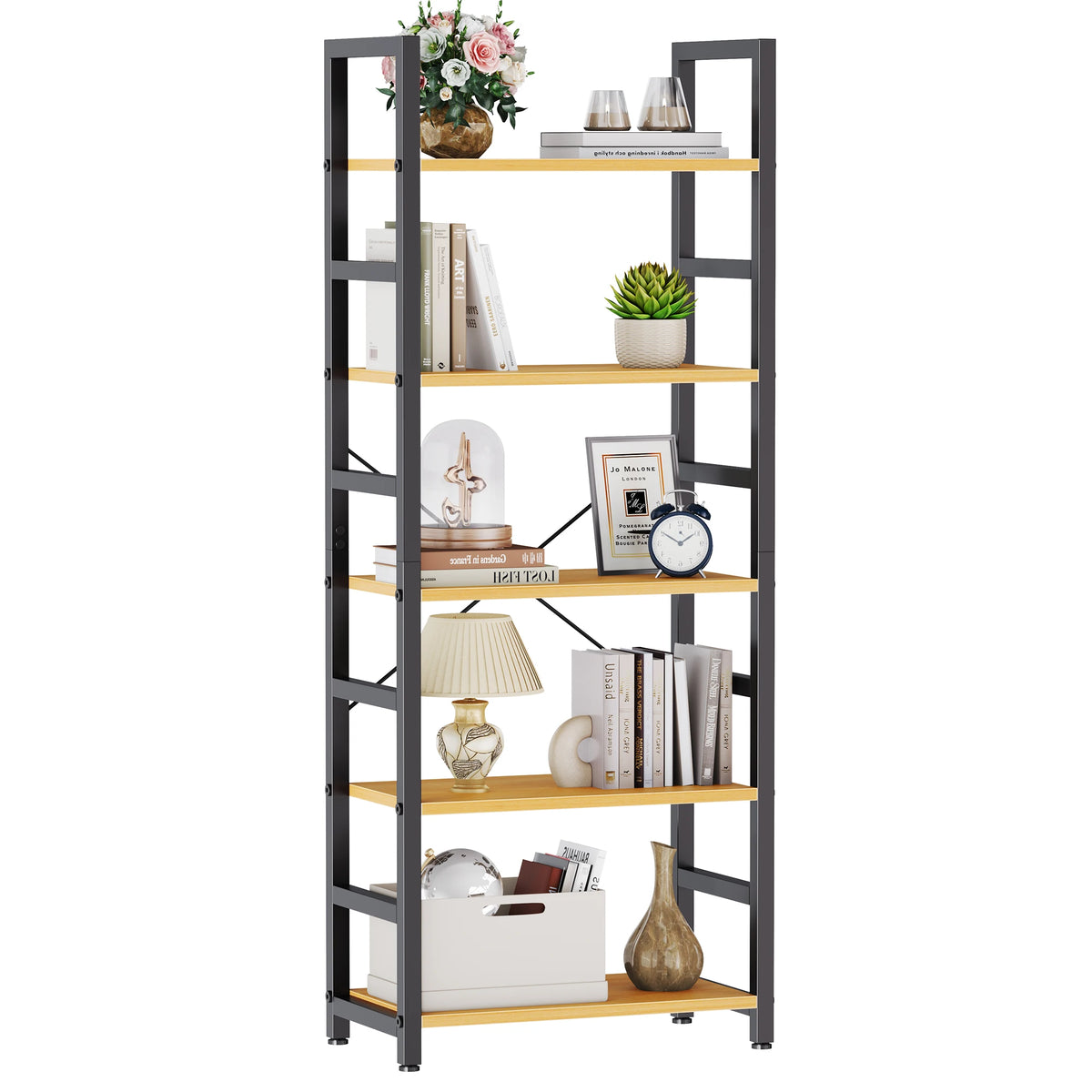 MCQ 5 Tiers Metal Classic Bookshelf Freestanding Tall Display Shelf Wooden Storage Tall Display Shelves Bookshelf Sturdy Structure Graduated Shelves Adjustable Feet for Home