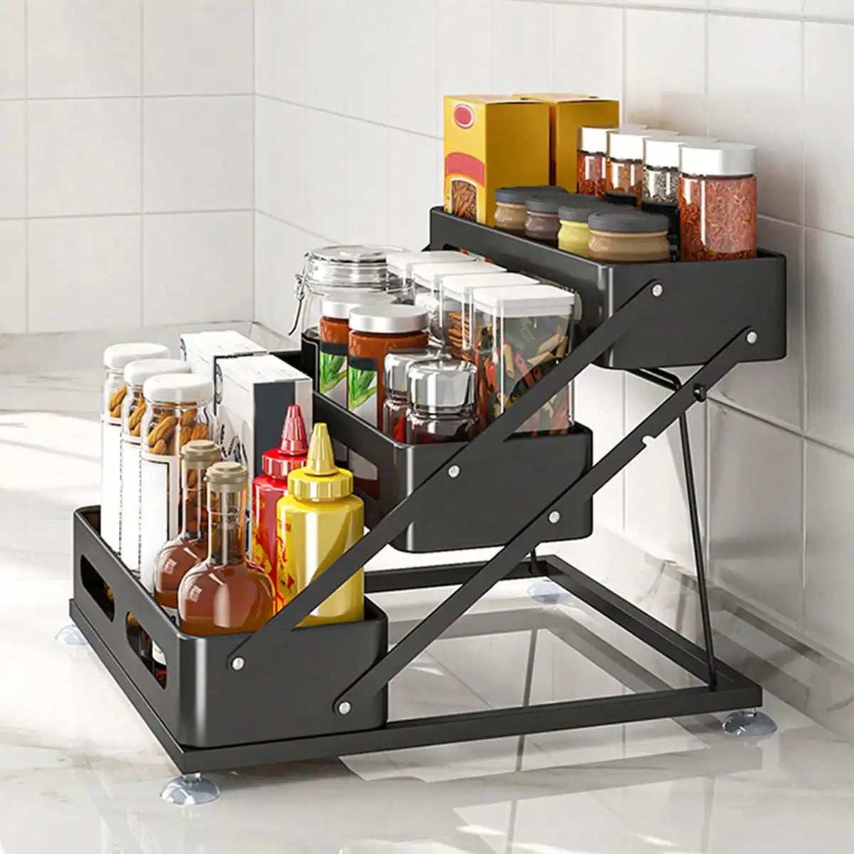 Foldable Metal Spice Rack Organizer With Protective Guardrails for Kitchen Storage