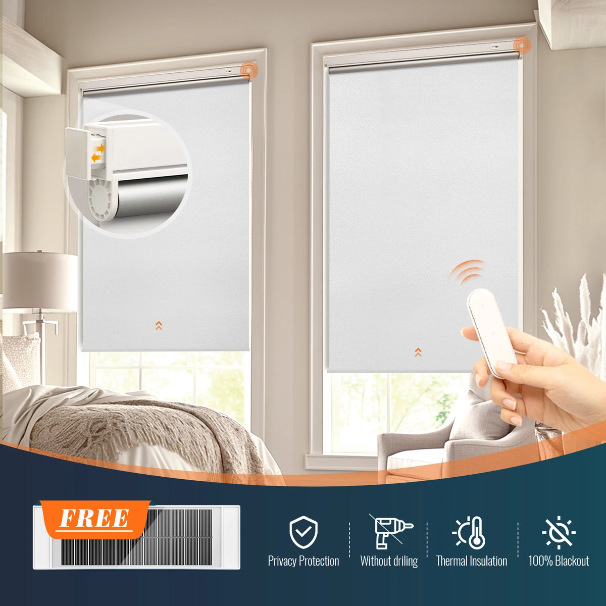 Smart Solar Powered Roller Blind With Remote Control No Drill
