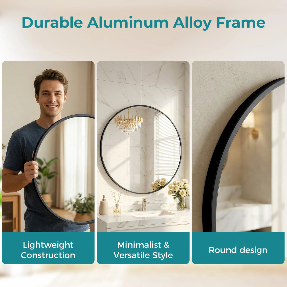 JHK 20 Inch to 30 Inch Round Wall Mirror Decorative Mirror Tempered Glass Waterproof Round Mirrors Shatterproof Design Bathroom Mirror for Over Sink Entryway Bedroom