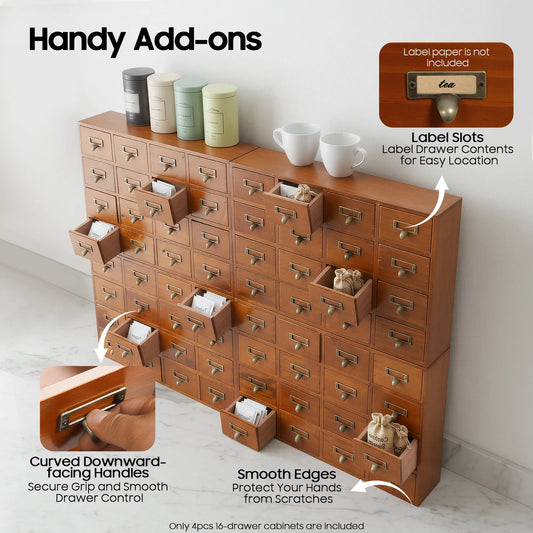 Vintage 64-Drawer Wood Storage Cabinet Organizer, 4-Tier Pine Plywood Jewelry Drawer Box with Label Holders, Rustic Brown Tabletop File Holder for Office Pharmacy Cosmetics Supplies, No Assembly
