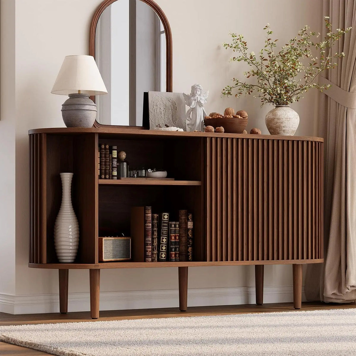 55" Sideboard Cabinet Buffet Storage - Mid-Century Modern Coffee Bar Table w/2 Doors, Adjustable Shelves, Walnut Finish | Kitchen, Dining Room Furniture