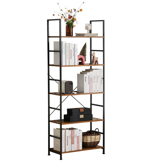 MCQ 5 Tiers Metal Classic Bookshelf Freestanding Tall Display Shelf Wooden Storage Tall Display Shelves Bookshelf Sturdy Structure Graduated Shelves Adjustable Feet for Home