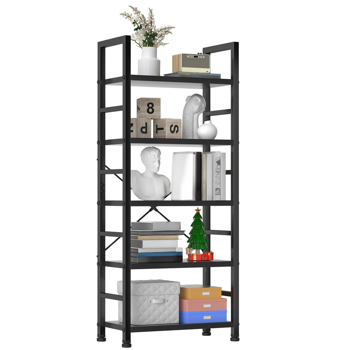 MCQ 5 Tiers Metal Classic Bookshelf Freestanding Tall Display Shelf Wooden Storage Tall Display Shelves Bookshelf Sturdy Structure Graduated Shelves Adjustable Feet for Home