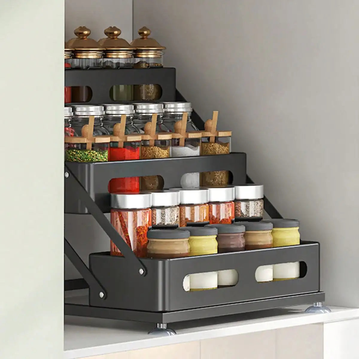 Foldable Metal Spice Rack Organizer With Protective Guardrails for Kitchen Storage