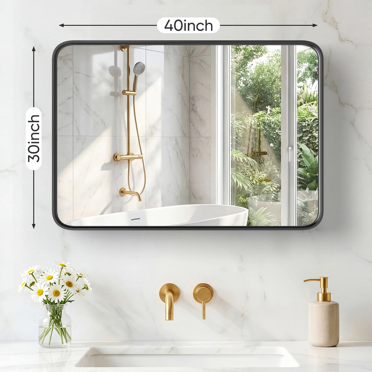 JHK 30x22 Inch Matte Metal Framed Bathroom Mirror for Wall  Rounded Rectangle with Matte Brush Metal Framed Modern Wall Mount Vanity Mirror for Home Living Room
