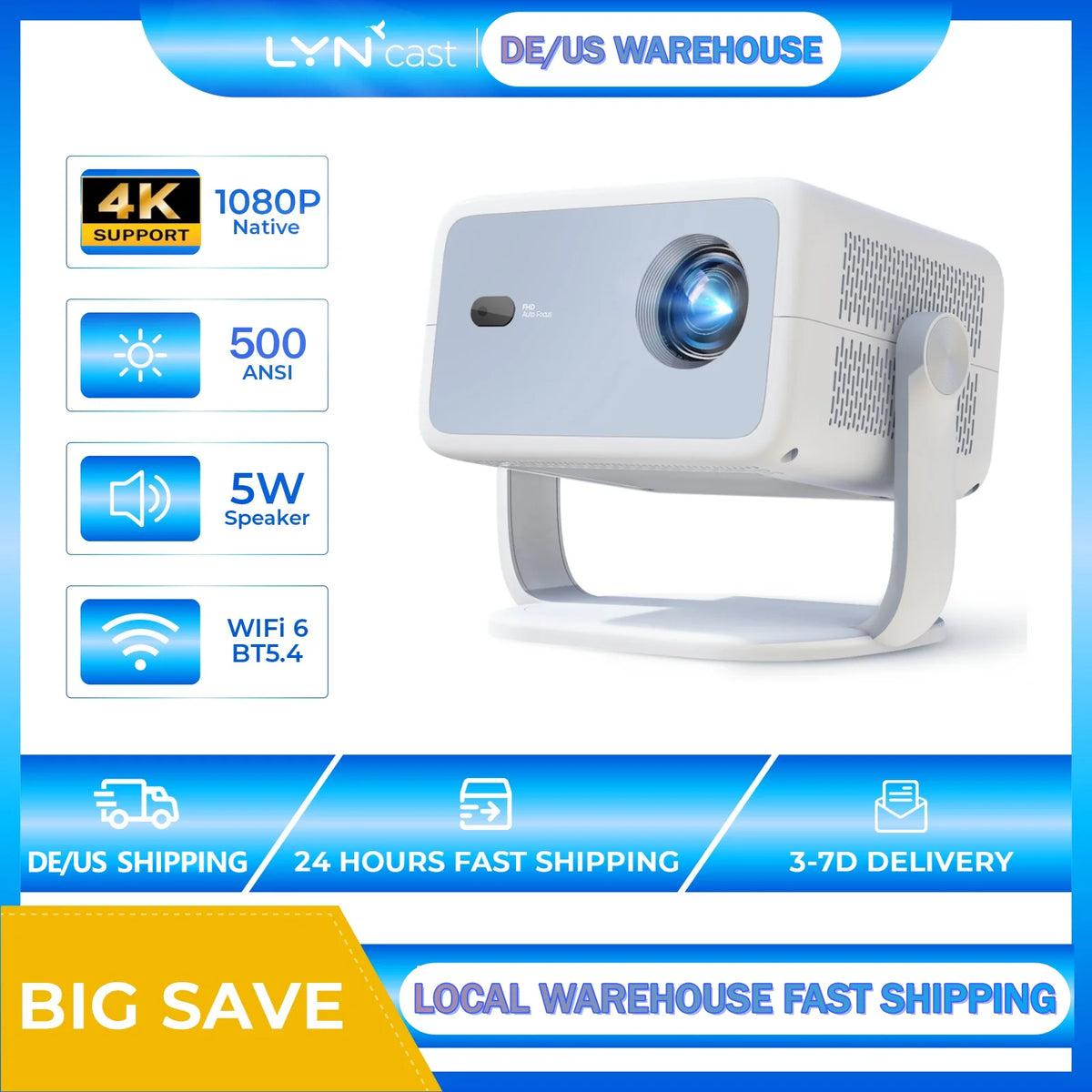 LynCast L018 1080P Portable Projector With Auto Focus 4K Support