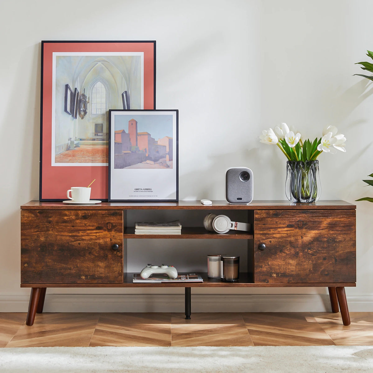 MCQ Living Room Wooden For 50 Up To 60 Inch TV Stand Adjustable Shelf 2 Storage Entertainment Center For Home Media Console